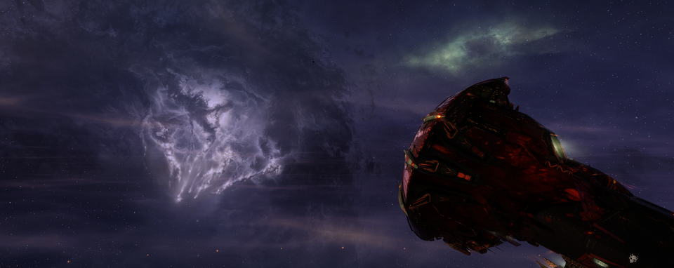 A screenshot from eve-online of a molok titan with a nebula in the distant space
